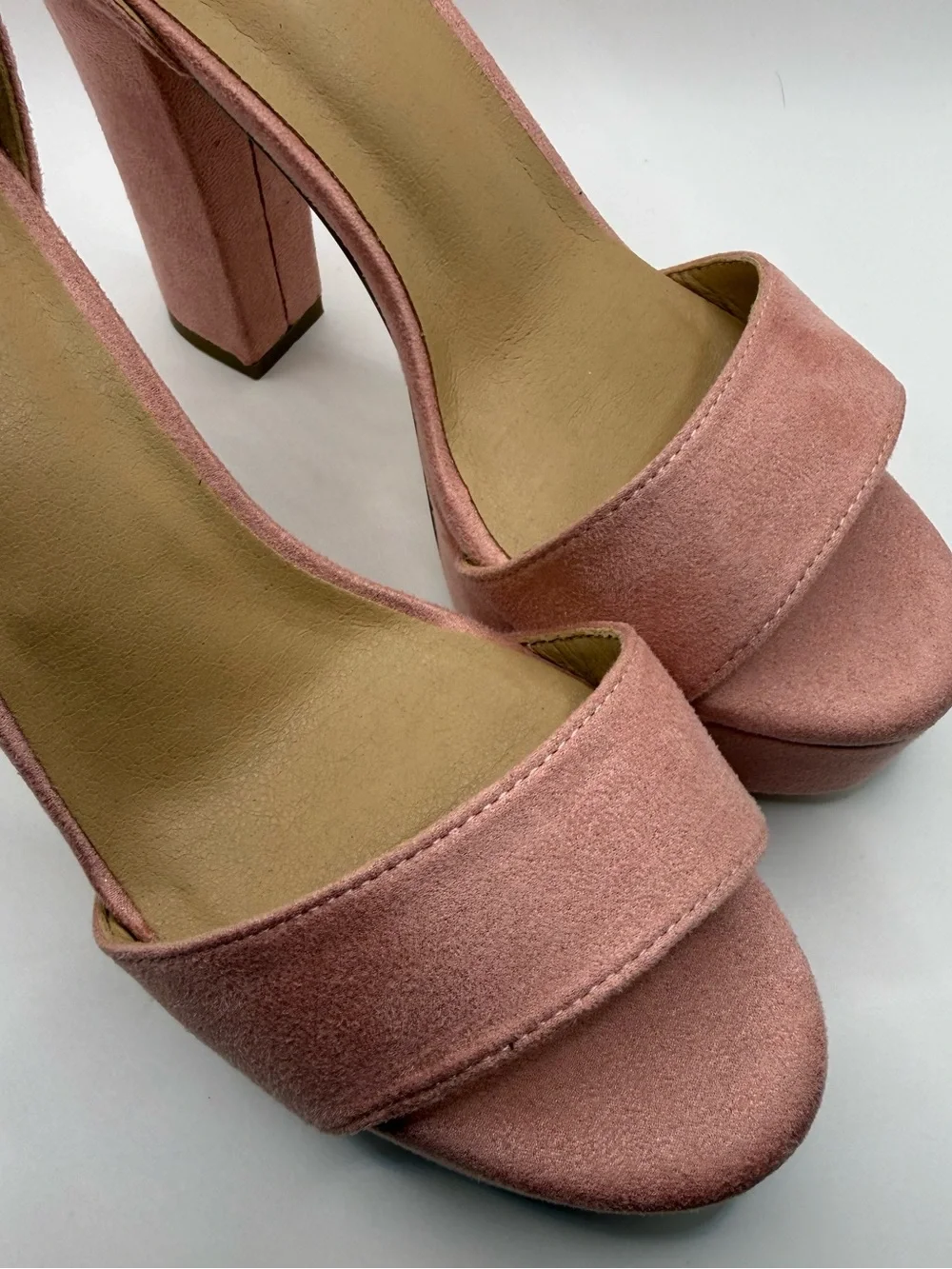 Suede-Look Pink Platform Block Heel Sandals with Ankle Strap
